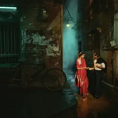 This is a scene from 'Banaras Nocturne', a campaign I styled for Tilfi Banaras. We used the narrow, atmospheric lanes of the city at night to create a moody, cinematic love story, letting the rich texture of the Banarasi saree shine in the low light.