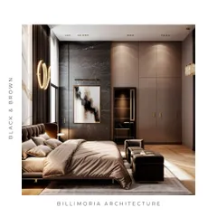 For this master bedroom, we embraced a bold and luxurious black and brown color scheme. The design features a floor-to-ceiling marble accent wall, custom integrated wardrobes, and layered lighting with modern fixtures to create a space that feels both grand and intimately comfortable.