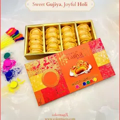 Sweet Gujiya for a joyful Holi. This elegantly designed box is filled with rows of perfectly crafted gujiyas, a traditional sweet that is essential for any Holi celebration.