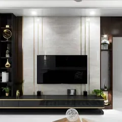 For a touch of opulence, we created this entertainment unit using a black and gold color scheme. The design features a textured marble-like back panel, illuminated display cabinets, and clean metallic inlays for a truly luxurious feel.