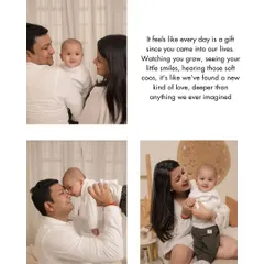 This collage tells the story of a new family's love. From the parents looking lovingly at their baby to the father lifting him up in the air, each frame is filled with pure joy and tenderness.