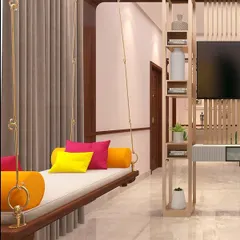 This living room balances tradition and modernity with a classic wooden swing and a sleek, open-shelf partition that doubles as a display unit.