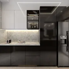 This view showcases the integrated refrigerator and pantry unit, demonstrating how I create a seamless and organized kitchen layout.