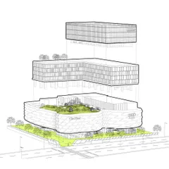 "Diagramming the Big Idea": This exploded axonometric shows the program distribution for a mixed-use building, separating retail, hotel, and office functions.