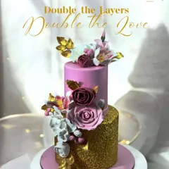 Double the layers, double the love. This two-tier cake combines a glittering gold bottom tier with a chic pink top tier, adorned with handcrafted sugar flowers for a glamorous celebration.