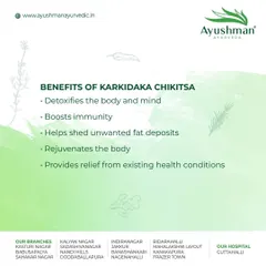 Here we list the key benefits of Karkidaka Chikitsa. The therapy detoxifies the body and mind, boosts immunity, helps shed unwanted fat deposits, rejuvenates the body, and provides relief from existing health conditions.