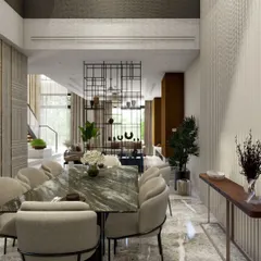 The dining area is situated within a soaring double-height space, with fluted wall paneling adding texture and grandeur. A metal screen provides a subtle division from the living area without blocking light.