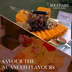 We invite you to savour nuanced flavours from around the world. This platter highlights a sharp Yellow Cheddar from England, beautifully complemented by sweet grapes, cashews, and fresh figs.