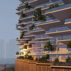 A detail of the staggered balconies of the "Ah! Sky!" tower. Each terrace is a private garden, bringing greenery and a sense of individuality to high rise living. This is our vision of creating villas, not just apartments, in the sky.