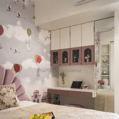 This image showcases the complete kids' room setup, including the bed, whimsical wallpaper, and the custom study desk with overhead storage, creating a perfect space for a young dreamer.
