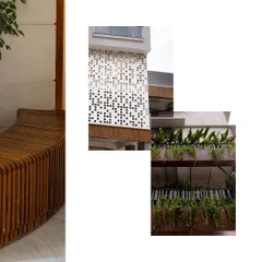 This collage juxtaposes the organic form of a curved wooden bench with the geometric pattern of the building's facade and the cascading greenery. It is an exploration of how different textures and forms contribute to a cohesive design narrative.