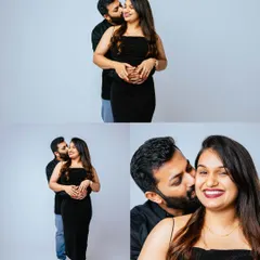 A collage of intimate studio portraits against a simple grey backdrop. These close-up shots capture tender moments, like a kiss on the cheek, highlighting your affection.