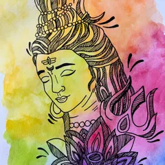 This piece combines watercolor washes with fine-line ink work to create a modern interpretation of Lord Shiva, blending color and form in a serene composition.