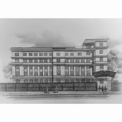 An architectural sketch of Tutorial High School, drawn in a formal one-point perspective to capture its vintage look for the HDFC legacy project.