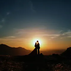 A classic silhouette shot of a couple against a brilliant sunset. This type of romantic photography uses the natural landscape and golden hour light to create a timeless and powerful image.