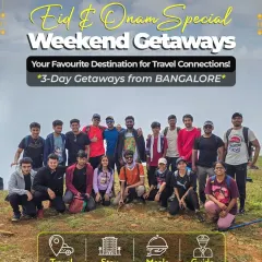 A poster for our 3-day Eid and Onam getaways, showing a trekking group and the variety of destinations available.