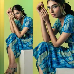 A creative collage showing the model in two different poses against a split-tone yellow and green background. This dynamic composition is great for editorial fashion spreads.