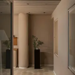 Another view of the main corridor highlights the interplay of light and form. The slatted ceiling adds linear texture, while the smooth, curved column and minimalist planters create a sense of organic simplicity and understated luxury.