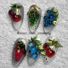 A full set of my Murano glass fruit nails. This collection shows strawberries, grapes, cherries, and blueberries, all with a glossy, glass-like finish and intricate 3D details.