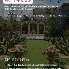 The Sky Terrace is an open-air rooftop that offers a stunning cityscape backdrop, especially during the golden hour, making it perfect for sunset weddings and cocktail parties.