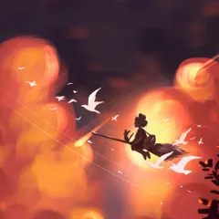 Another version of my Kiki digital painting. Here, I focused on the silhouette of Kiki and her cat Jiji against the bright, bokeh-like sunset, surrounded by birds.