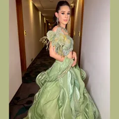 A fairy-tale moment. I styled this ethereal, mint-green structured gown by Sulakshana Monga for a jewelry campaign. The ruffled skirt and floral shoulder detail create a look that is pure whimsical fantasy.