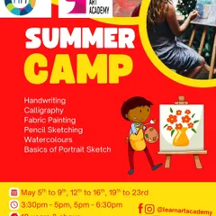 For older kids and teens, my summer camp offers more advanced skills. This flyer outlines specialized workshops in handwriting, calligraphy, portrait sketching, and fabric painting.