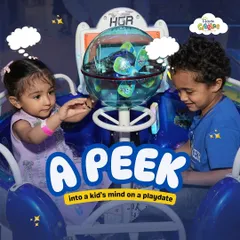 A peek into a kid's mind on a playdate! These two friends are sharing a ride on one of our interactive arcade machines, exploring new worlds and having a blast together.