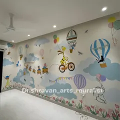 A whimsical journey for a child's room, featuring animals on a train, hot air balloons, and kites. This narrative mural is full of charming details that tell a happy story.