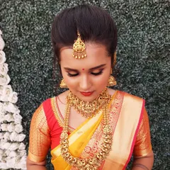 A detailed shot of the eye makeup for a traditional look. I used warm, earthy tones with a hint of shimmer to make the eyes stand out, finished with a classic winged liner.