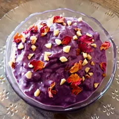 A royal purple dessert made from a blend of wild rice and black carrots. This unique kheer is as beautiful as it is delicious.