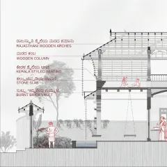 Our design process begins with detailed drawings like this cross-section. Here, we blend Rajasthani wooden arches with Kerala-style seating, clearly mapping out the use of natural materials like burnt brick vaults and stone slabs to create a unique, culturally rich home.