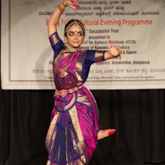 A full-length shot of Anushree in a dynamic pose during her solo recital.