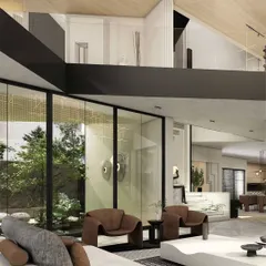 This upper-level living area overlooks a courtyard through expansive glass facades. The composition of black steel frames, warm white walls, and a sloped wood ceiling creates a harmonious dialogue between structural precision and residential comfort.