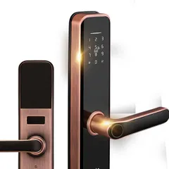 A close up view of a copper finish smart lock, highlighting the illuminated numeric keypad for easy use in low light conditions. The sleek design adds a touch of modern elegance to any entryway.