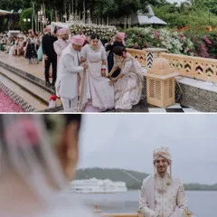 A collage showing the bride's emotional entrance and the groom's loving gaze as he waits for her by the lake in Udaipur. This captures the anticipation and emotion of the bridal entry.