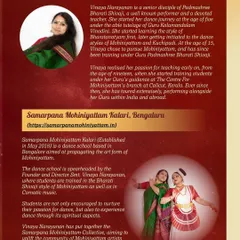 An introduction to our Guru, Smt. Vinaya Narayanan, and the Samarpana Mohiniyattam Kalari, detailing our lineage and teaching philosophy.
