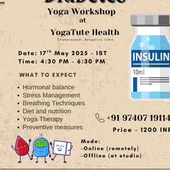 This is the flyer for my Diabetes Yoga Workshop. We cover hormonal balance, stress management, breathing techniques, and yoga therapy, available both online and at the studio.