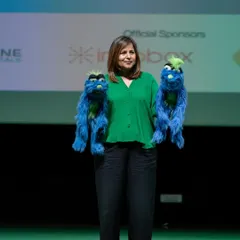 Sometimes one puppet isn't enough. Here I am with two of my blue monster puppets, ready to cause double the trouble and get double the laughs.