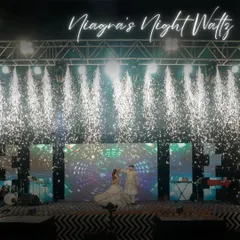 This is what a Sangeet masterpiece looks like. We designed and executed this spectacular stage, complete with a waterfall of pyrotechnics, to create a night of pure cinematic magic for the couple's first dance.