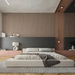I used a combination of textures in this bedroom to create a calming, earthy feel. The fluted wood paneling behind the low-profile bed, paired with a muted color palette, results in a minimalist yet warm and inviting sanctuary.