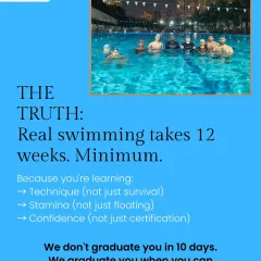 Forget "learn to swim in 10 days." Real, lasting skill takes time. Our programs are a minimum of 12 weeks because we teach proper technique, build stamina for distance swimming, and instill true water confidence, not just issue a certificate.
