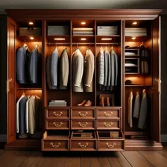 A classic gentleman's wardrobe crafted from rich, dark wood. The design includes custom drawers, hanging rods at different heights, and integrated lighting to beautifully display the clothing.