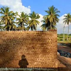 A newly constructed brick wall, built with a traditional lime mortar mix including jaggery and local herbs. The shadow of one of our team members falls on the wall, symbolizing our deep, personal connection to every project.
