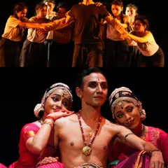 A collage from "Tatsama Tadbhava," showing the contrast between the contemporary movement of the ensemble and the classical forms of the lead dancers. This juxtaposition is at the heart of the production.