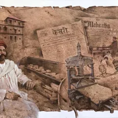 A large acrylic on canvas painting depicting the life and work of Lokmanya Bal Gangadhar Tilak. This piece, created for a national artist camp, shows the establishment of the Kesari and Mahratta newspapers.