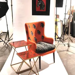 This is the Stallion Chair from my "Wild & Untamed" collection, captured during a photoshoot. I love creating bold, statement furniture that starts a conversation. The combination of the vibrant orange fabric and the graphic horse motif makes this a piece of functional art.