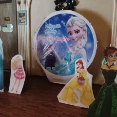 The beginning of a Frozen and Princess theme decoration. This is the backdrop and cutouts before the balloons are added. Balloons abhi baaki hai mere dost!