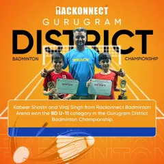 Celebrating the winners from our academy at the Gurugram District Badminton Championship. This graphic congratulates Kabeer and Viraj for winning the Boys Doubles U-11 category.