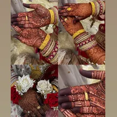 A collage showing different angles of the rich henna stain, from the full hands to close-ups of the finger details.